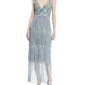 Marchesa Notte Teal Blue Beaded Fringe Dress, 12